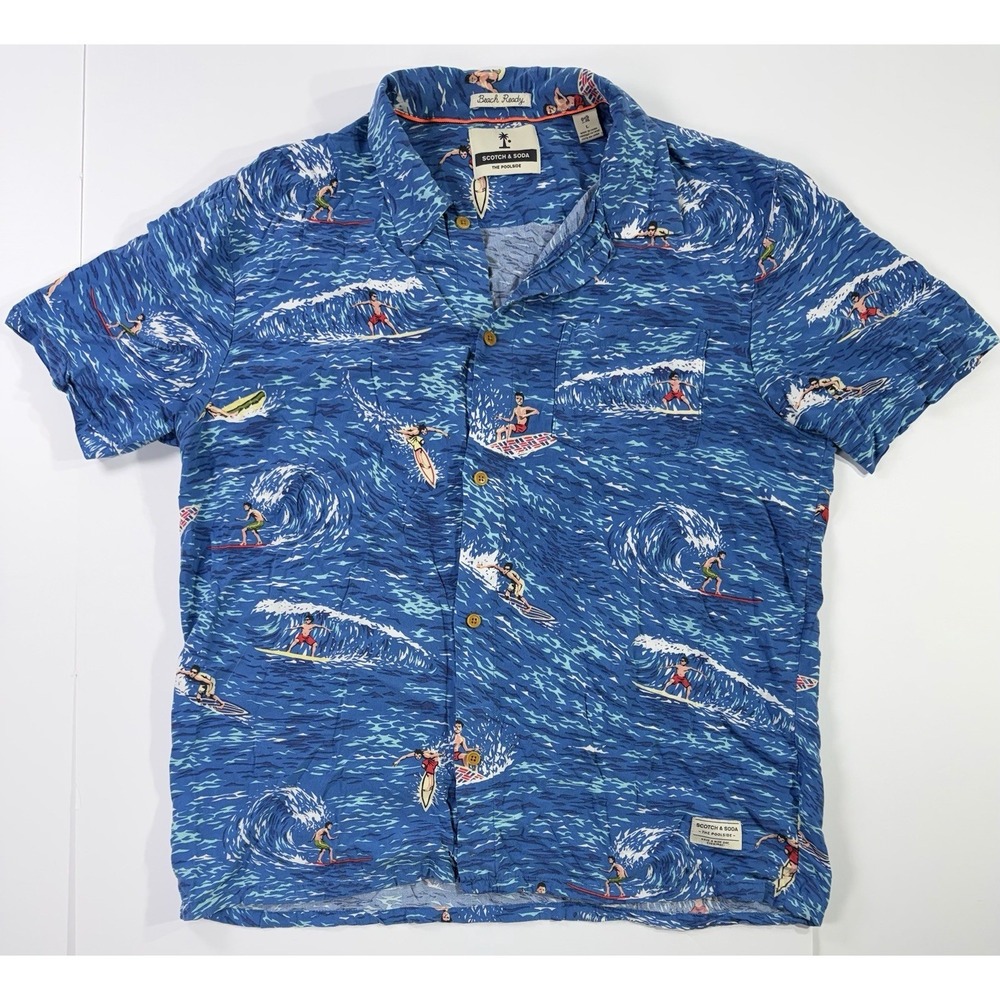 Scotch & Soda Men's Surf Print Button Up Shirt Large Blue